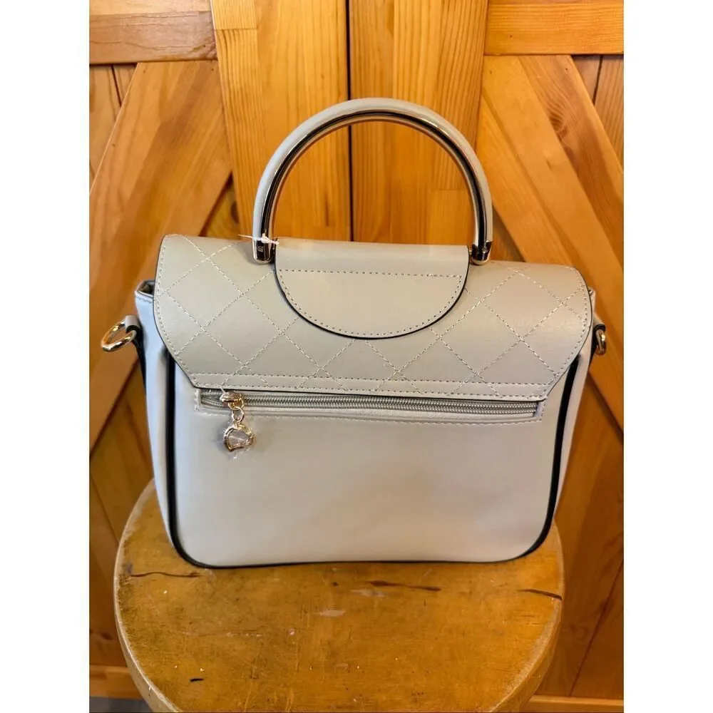 Bella Russo Purse Handbag Light Gray Gold Hardware Quilted Shoulder Strap (7020)